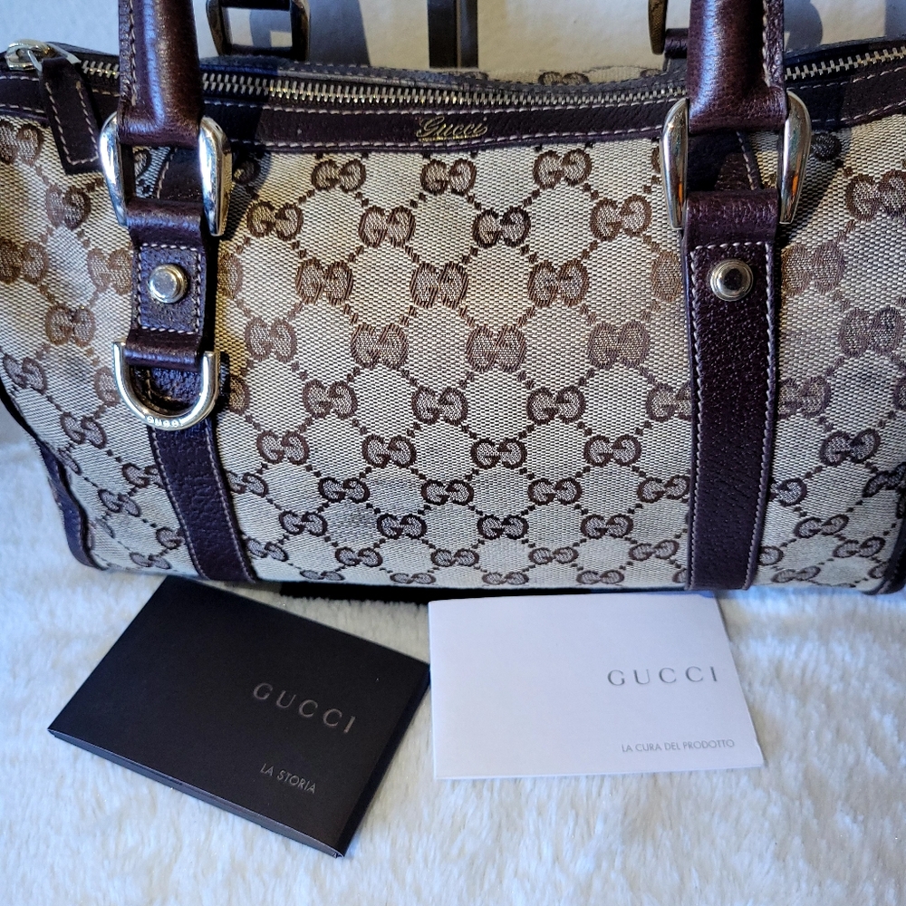 Gucci Beige Logo Canvas and Brown Leather Satchel - Picture 3 of 14
